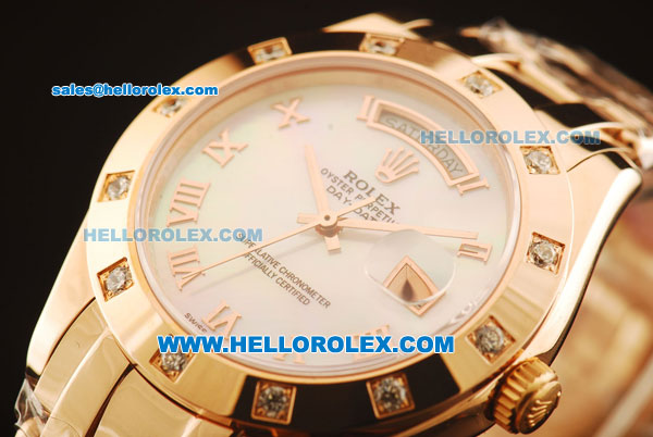 Rolex Day-Date Automatic Rose Gold Case with Diamond and White MOP Dial-Rose Gold Strap - Click Image to Close